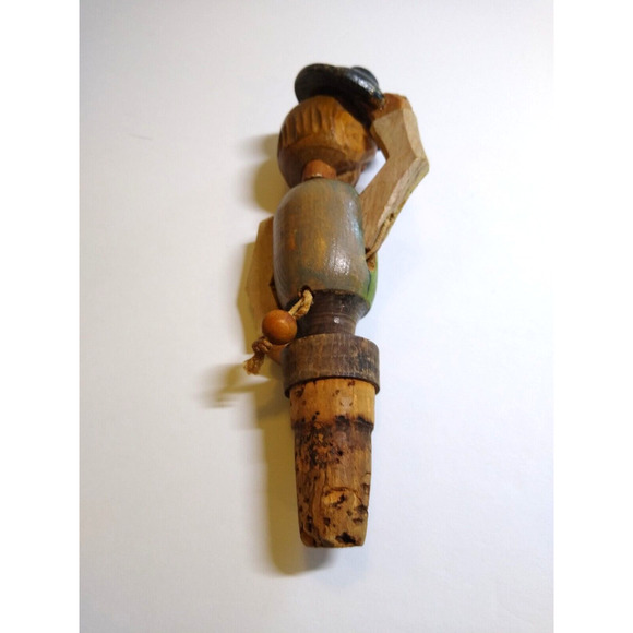 ANRI Mechanical Hat Tipping Bottle Stopper Wood Carved Puppet Barware Cork Green - Picture 5 of 6